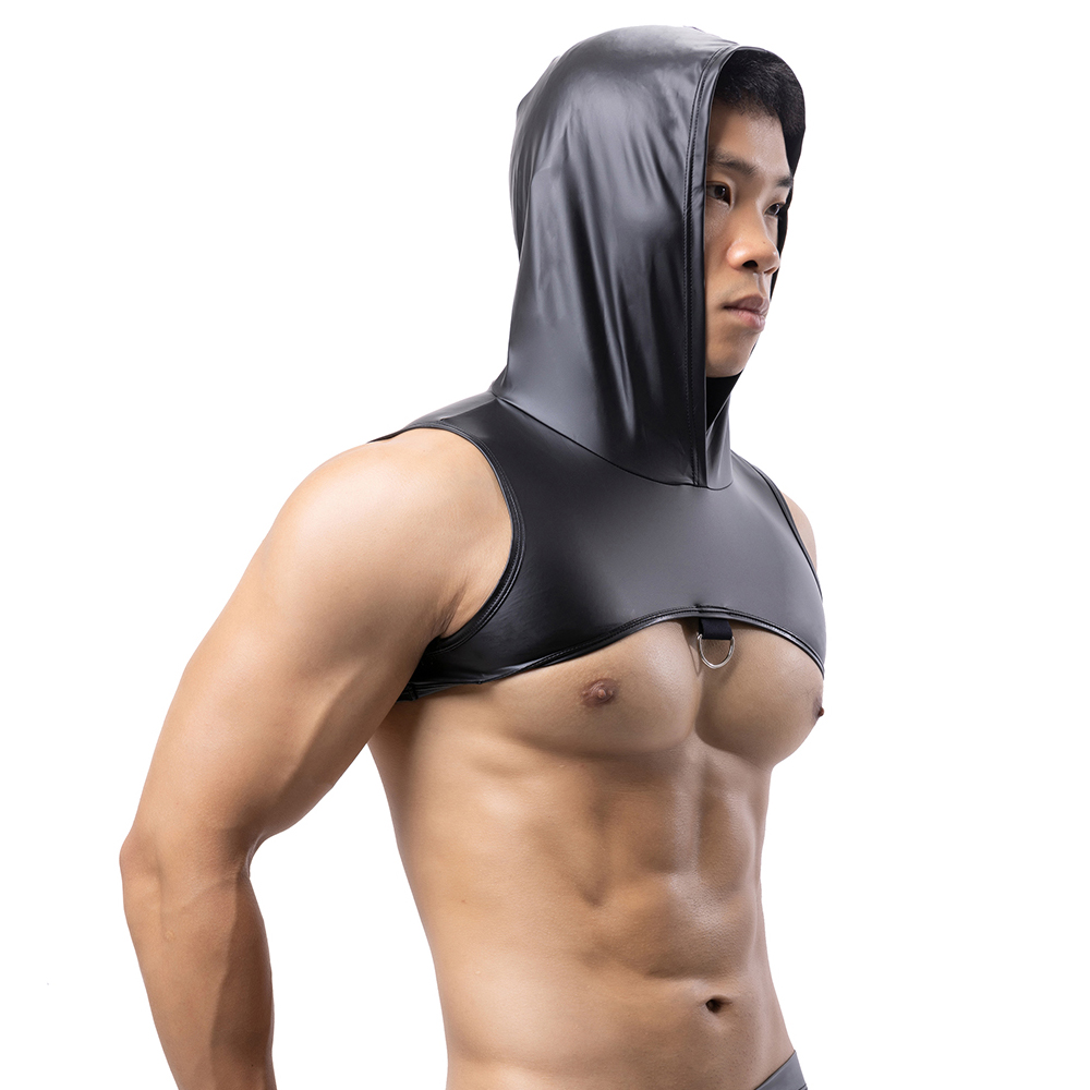 Gymnastic Ring - Men Faux Leather Hooded Fitness Tank